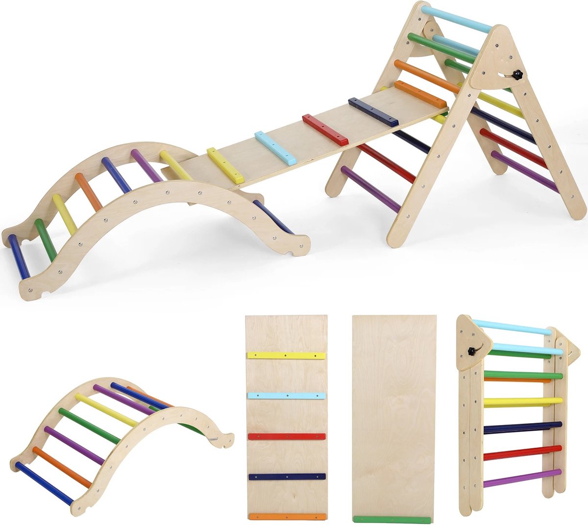 Roxana® Speelgoed Kinderen - Klimrek - 3-Delig - Hout - Kleurrijk - Opvouwbaar - Stevig - 180x50x83 Cm