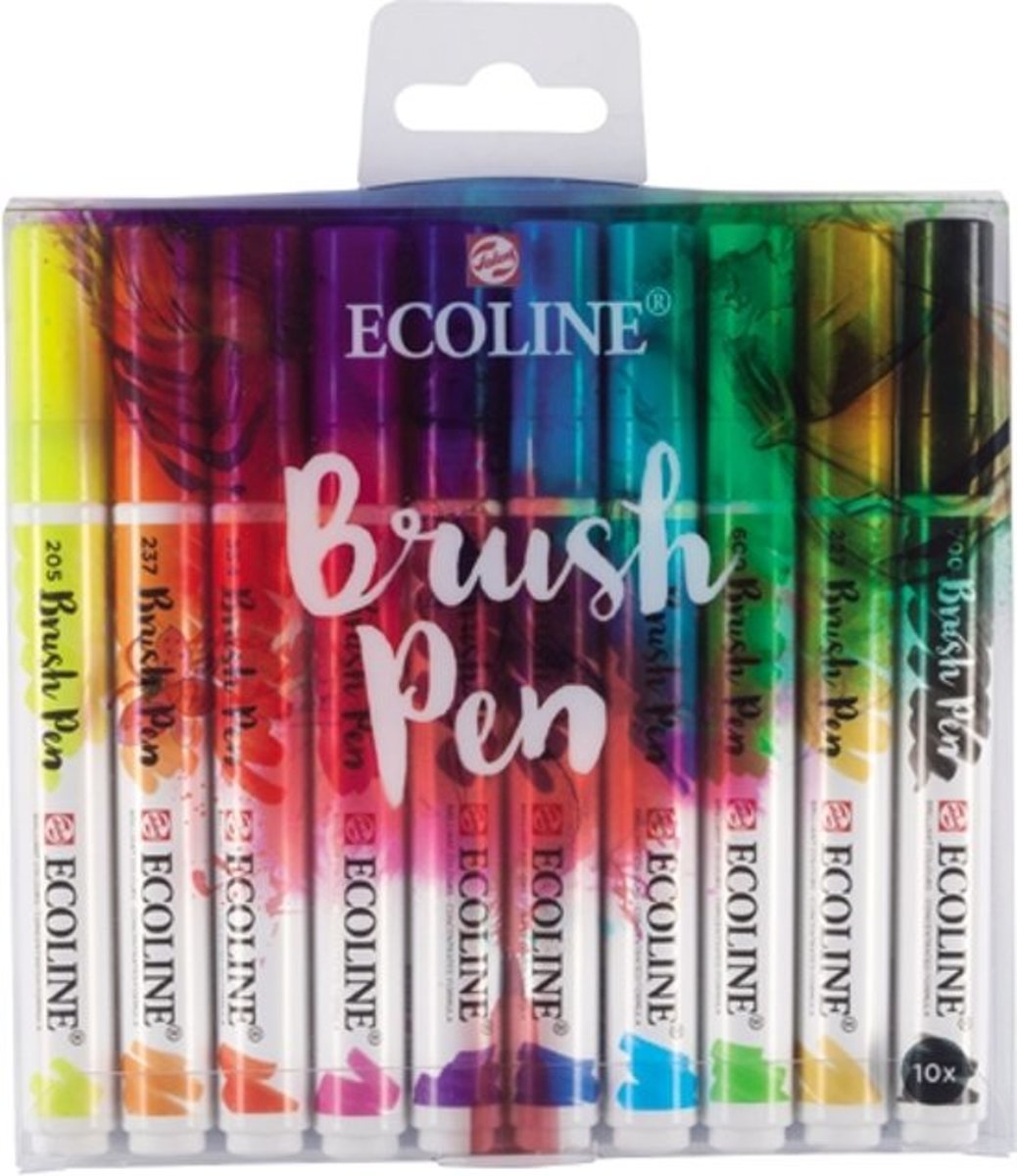 Talens Ecoline set van 10 Brush Pennen + 1 A3 Aquarel Papier Blok + 1 Ecoline Blender +  A4 Zipperbag