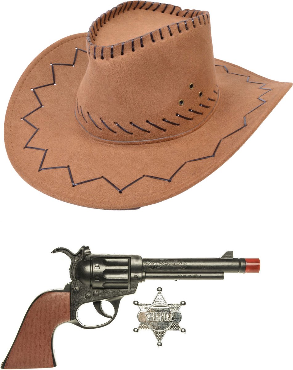 Carnaval verkleed hoed voor een cowboy - bruin - polyester - heren/dames - incl. pistool