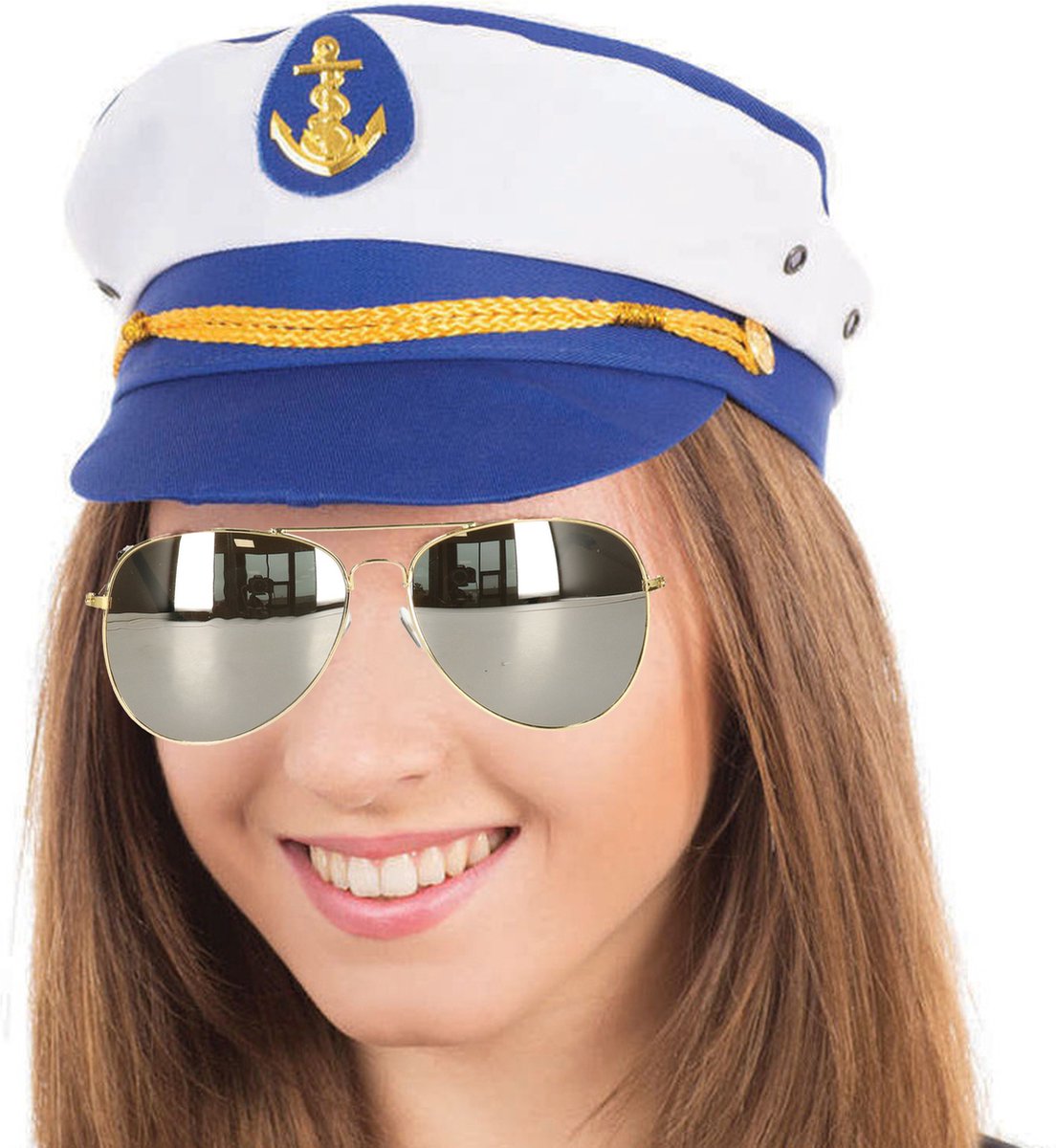 Carnaval verkleed pet kapitein/zeeman - blauw/wit - volwassenen - one size - incl. bril