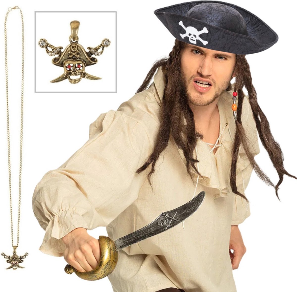 Piratenhoed verkleedset - zwart - kromzwaard - en een gouden piraten thema ketting - Voor kinderen