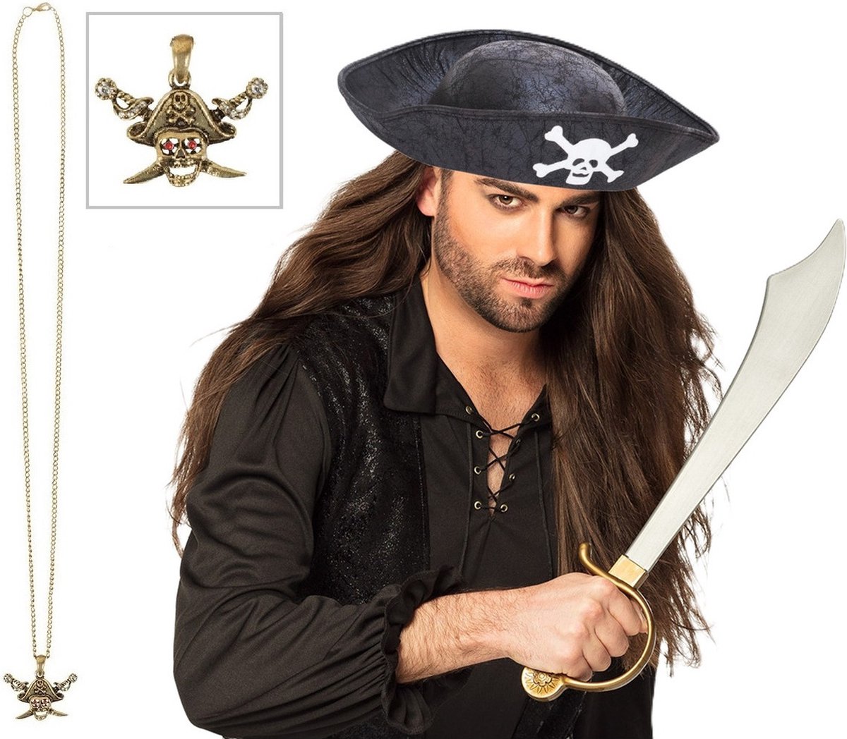 Piratenhoed verkleedset - zwart - kromzwaard van 57 cm - en een gouden piraten thema ketting - Voor kinderen