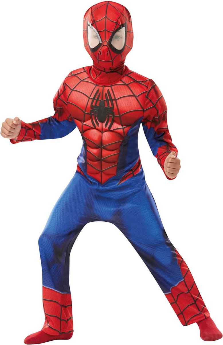   - Spiderman Kostuum - Enorm Gespierde Spiderman Kind Kostuum - Blauw, Rood - Maat 140 - Carnavalskleding - Verkleedkleding