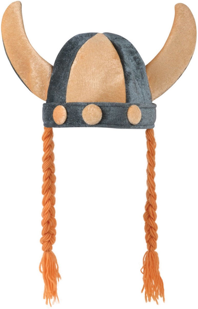   Carnaval verkleed Viking helm - grijs/oranje - met hoorns - polyester - heren - met vlechten