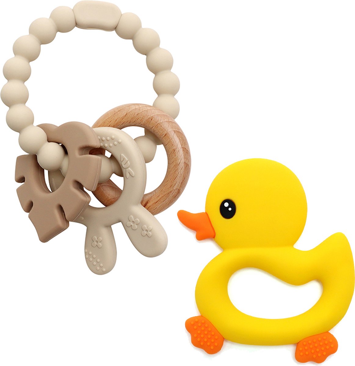 RubyC Bijtspeelgoed Set Khaki Bijtspeeltje Armband en Eendje - Siliconen met Houten Ring - Kraamcadeau - Tandjes Kalmeren van Tandvlees - Kraamcadeau - Teether - Sinterklaas - Schoencadeau