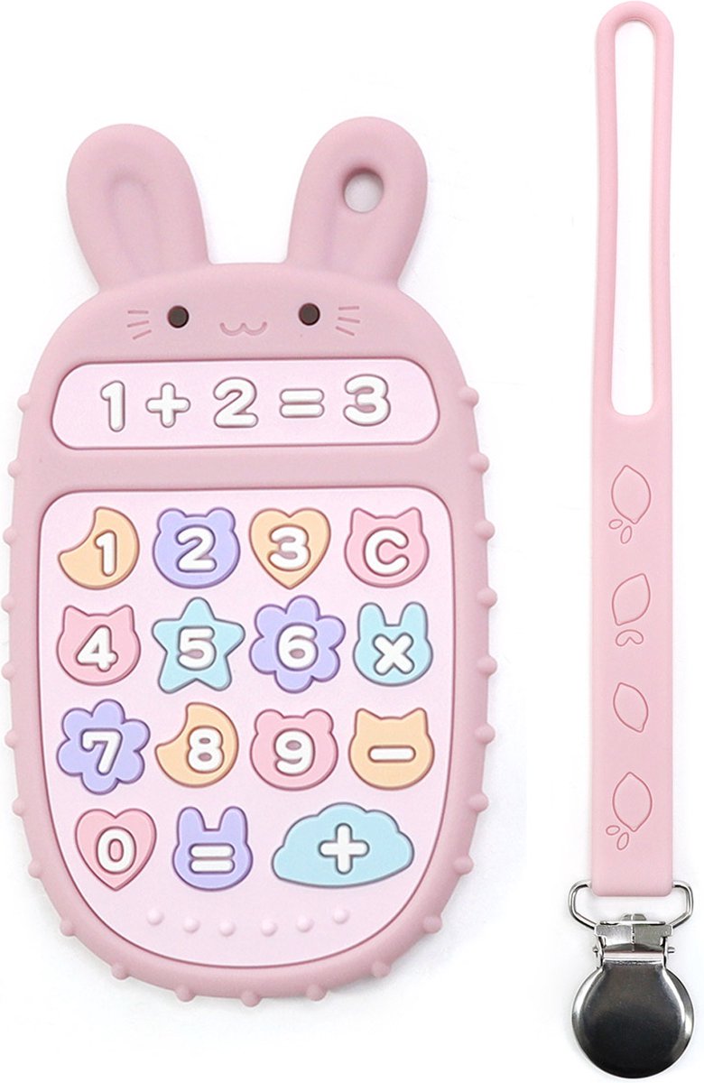 RubyC Bijtspeeltje Rekenmachine met Koord Roze Bijtring - Baby - Peuter - Kind - Cadeau - Sinterklaas - BPA vrij
