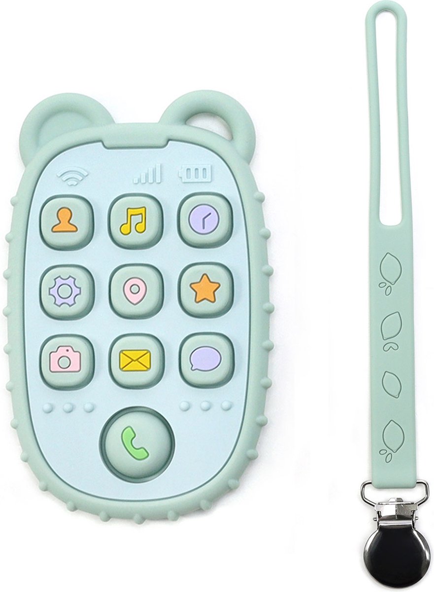 RubyC Bijtspeeltje Telefoon met Koord Groen Bijtring Pop It - Baby - Peuter - Kind - Cadeau - Sinterklaas - BPA vrij