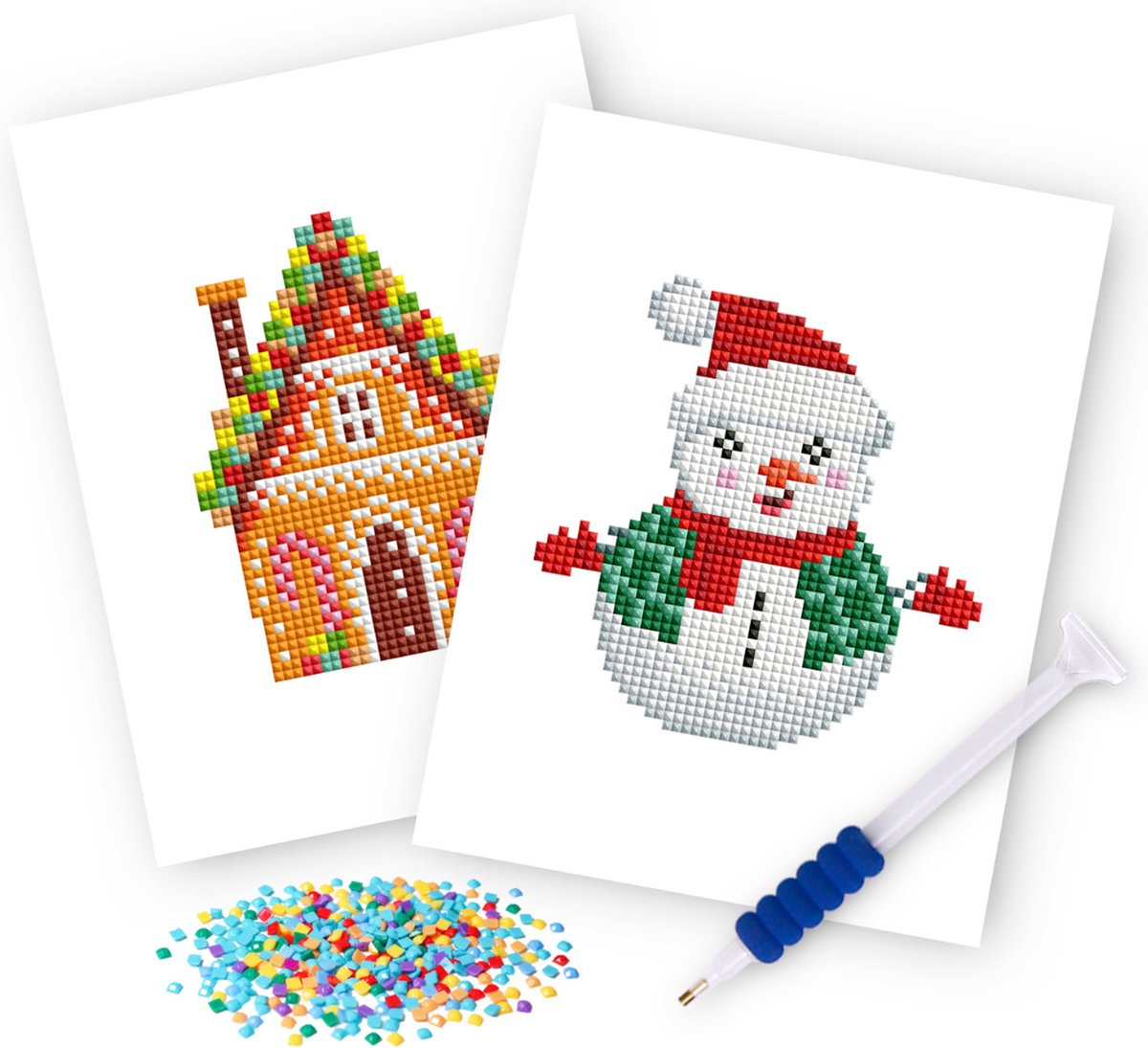 Rubye® Mini Diamond Paintings - 2 stuks - Volwassenen - Diamond Painting Kinderen - Set - Sneeuwpop & Kersthuisje - 15x20cm