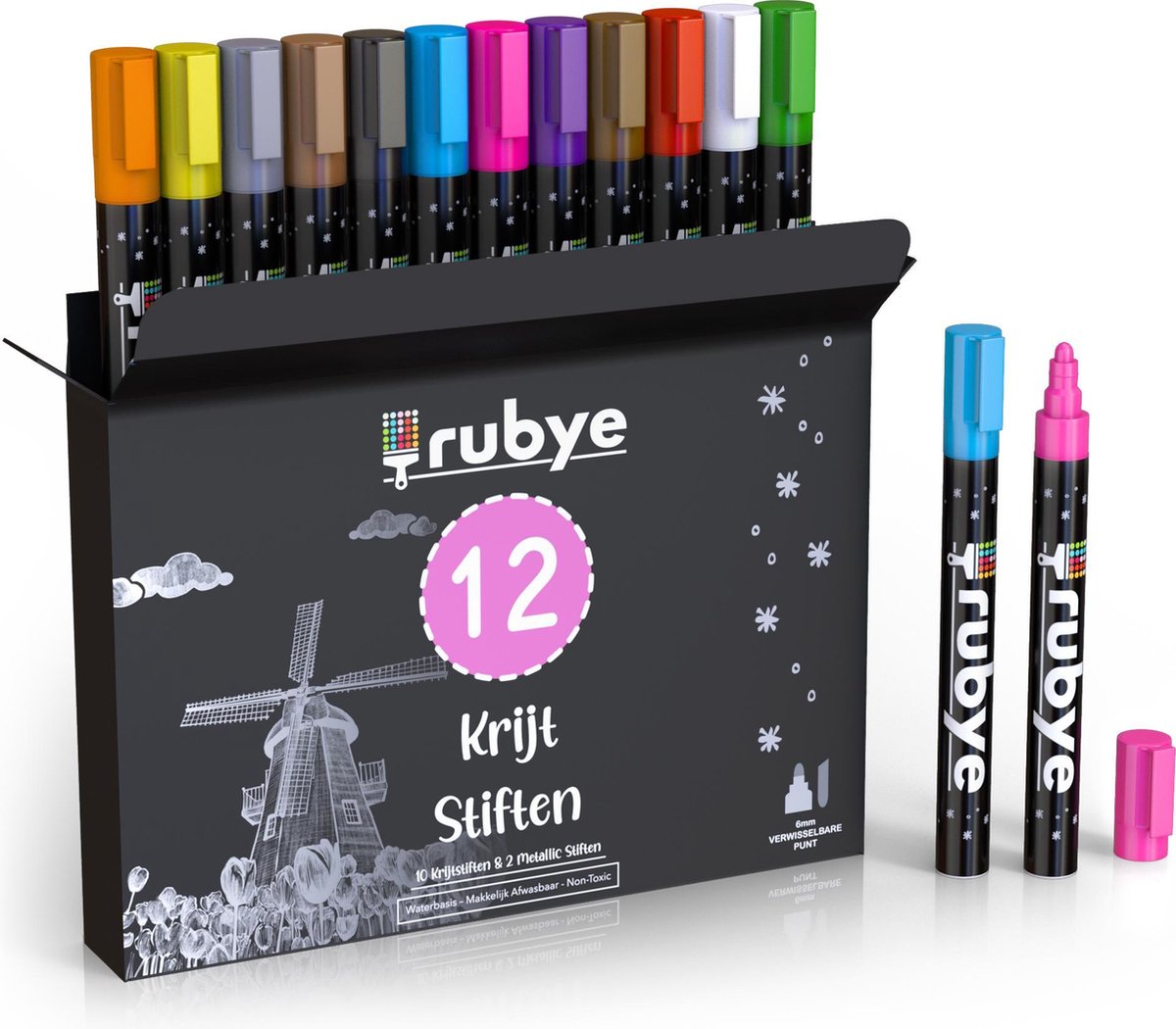 Rubye® Raamstiften Kinderen - 12 stuks - Afwasbaar - Krijtstiften voor raam - Whiteboard stiften - Whiteboard Marker - Window marker - Krijtmarker - Glasstiften - Porselein stiften