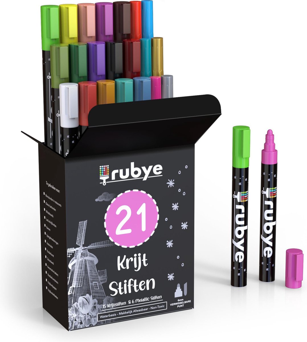 Rubye® Raamstiften Kinderen - 21 stuks - Afwasbaar - Krijtstiften voor raam - Whiteboard stiften - Whiteboard Marker - Window marker - Krijtmarker - Glasstiften - Porselein stiften