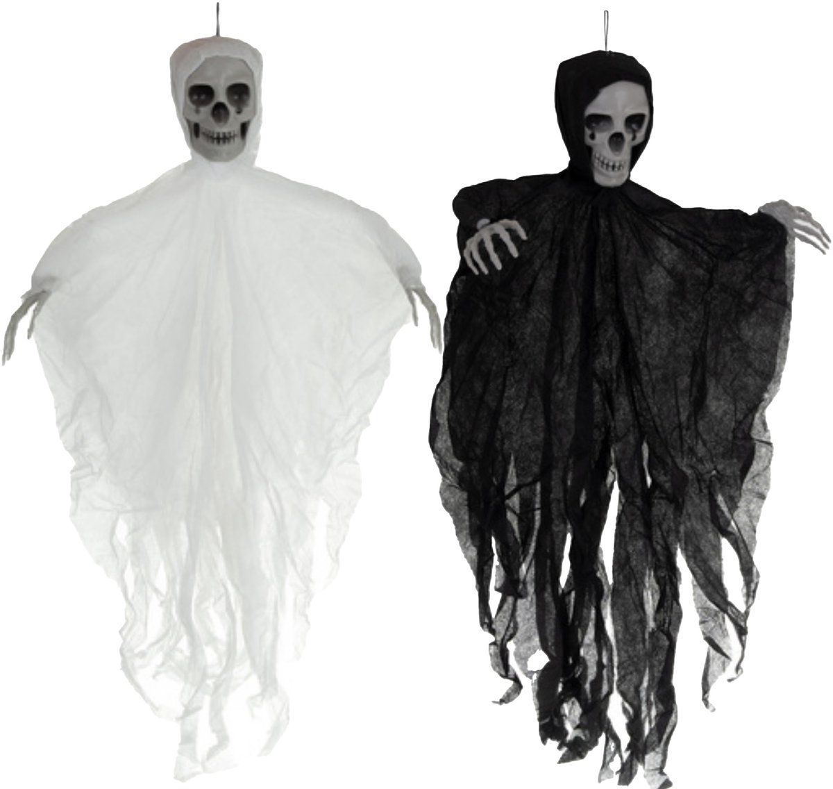 Horror/halloween decoratie skelet/geraamte pop - set van 2 - geest/spook - hangend - 70 cm