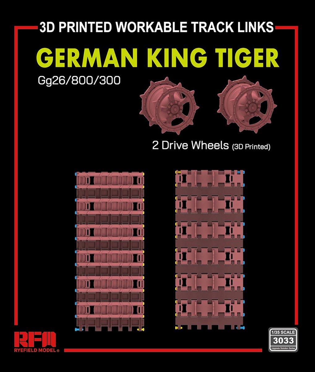 Rye Field Model Modelbouwpakket - 3033 Duitse King Tiger Rupsbanden Gg26/800/300 - Beweegbare 3D-geprinte Tracks met Aandrijfwielen Resin onderdeel - 1:35 -