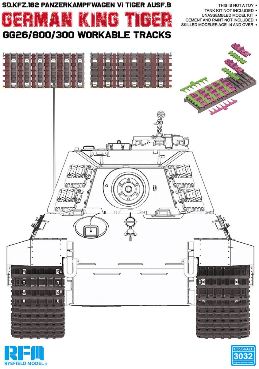 Rye Field Model Modelbouwpakket Militaire voertuigen - 3032 Duitse King Tiger Rupsbanden Gg26/800/300 - Beweegbare Tracks met Aandrijfwielen Plastic - 1:35 -