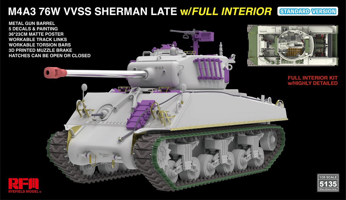 Rye Field Model Modelbouwpakket Militaire voertuigen - 5135 M4A3 76W VVSS Sherman laat - Standaard versie - met volledig interieur Plastic - 1:35 -