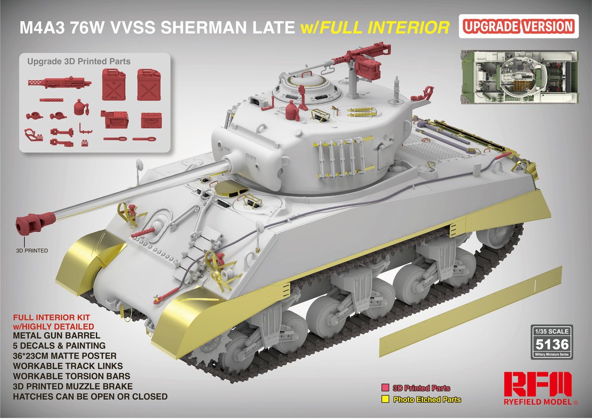 Rye Field Model Modelbouwpakket Militaire voertuigen - 5136 M4A3 76W VVSS Sherman laat - Upgrade versie - met volledig interieur Plastic - 1:35 -