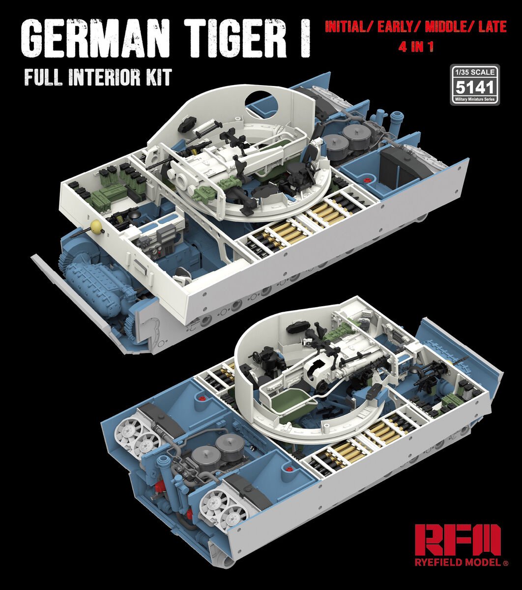 Rye Field Model Modelbouwpakket Militaire voertuigen - 5141 Tiger I Interieur - Initieel-, Vroege-, Late Productie - 4-in-1 Set Plastic - 1:35 -