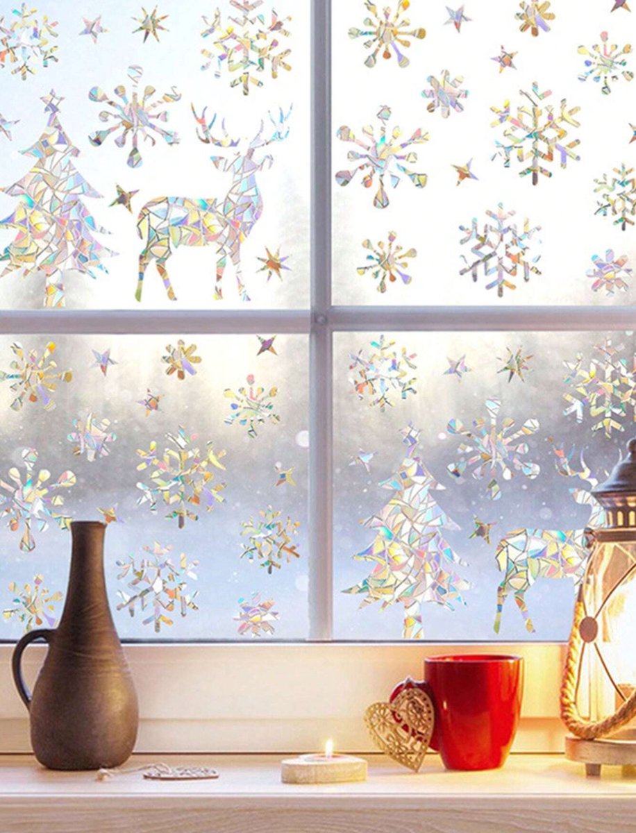 S&E 100 stuks Kerst Raamstickers - Regenboog Sneeuwvlok & Rendier Design - 2 vellen