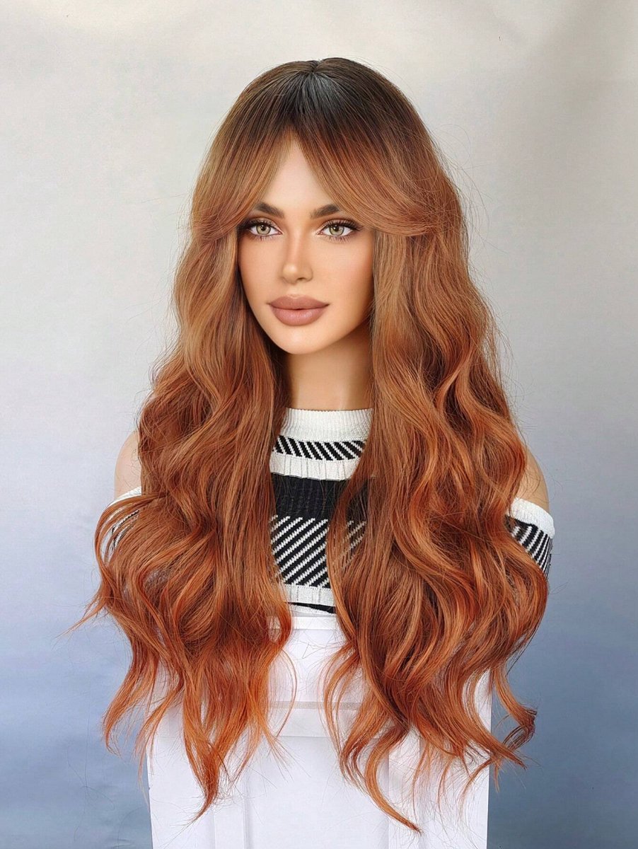 S&E Lange Gember Oranje Pruik met Pony – Golvend, Natuurlijk & Hittebestendig