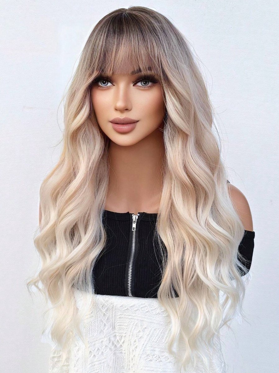 S&E Lange Ombre Blonde Pruik met Donkere Aanzet en Pony – Natuurlijke Look