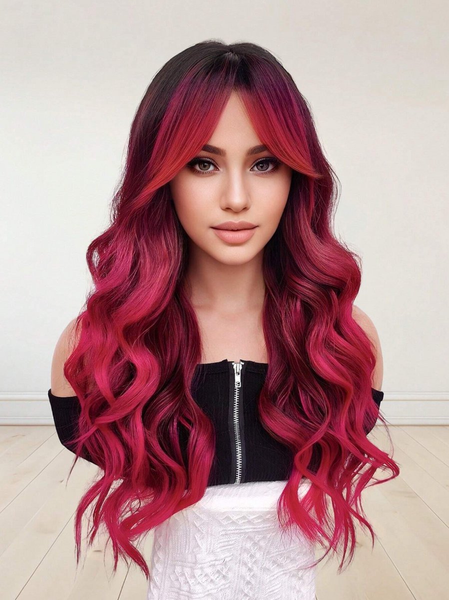 S&E Lange Ombre Roze Rode Pruik met Pony – 26 Inch Water Wave Look