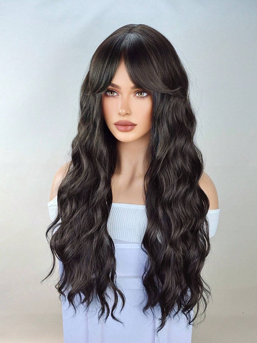 S&E Lange Zwart-Bruine Golvende Pruik met Pony – Hittebestendig & Natuurlijke Look