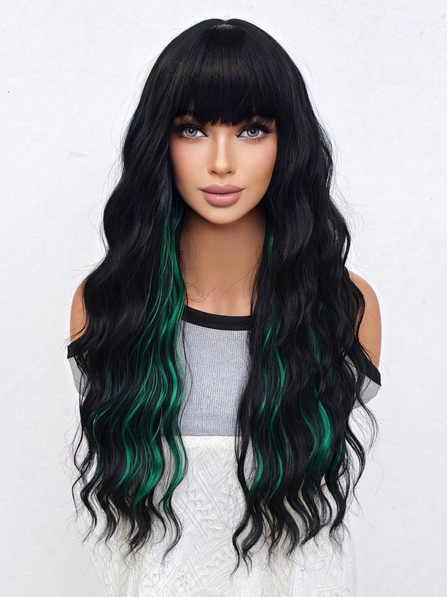 S&E Lange Zwart-Groene Pruik met Pony – Golvende Cosplay & Dagelijkse Look
