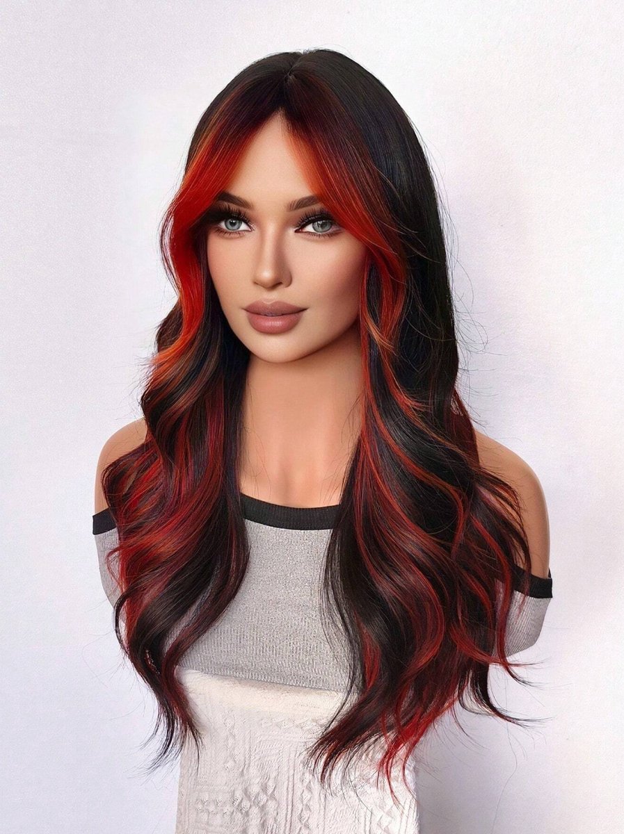S&E Lange Zwart-Rode Pruik met Highlights en Curtain Bangs – Natuurlijke Golven