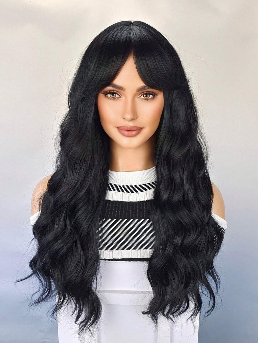 S&E Lange Zwarte Golvende Pruik met Pony – Natuurlijke Look & Hittebestendig