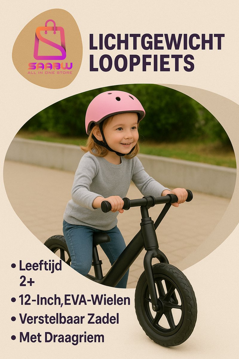 Loopfiets Kind Zwart – Lichtgewicht Kinderfiets 12 Inch – Verstelbaar Zadel – Inclusief Draagriem kinderfietsen – EVA Wielen – loopfiets 2 jaar – loopfiets 3 jaar - 56308