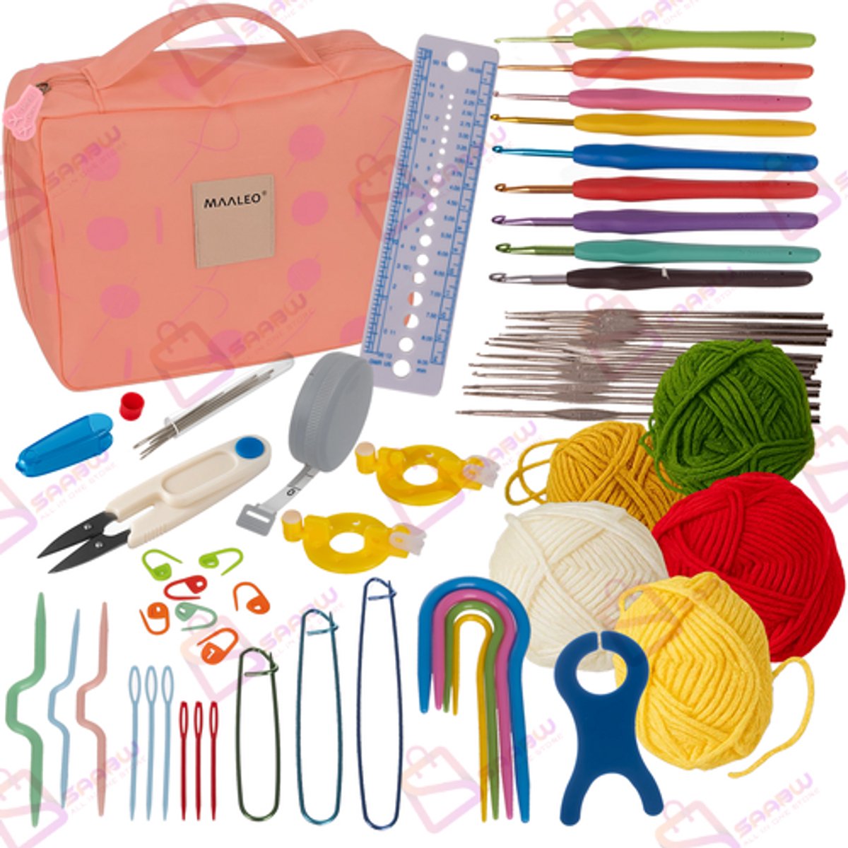 haaknaalden set 58-delig XXL – Haaknaald 0.6–6.0 mm met Accessoires & Garen – haakpakket – haakgaren – wol - 56032