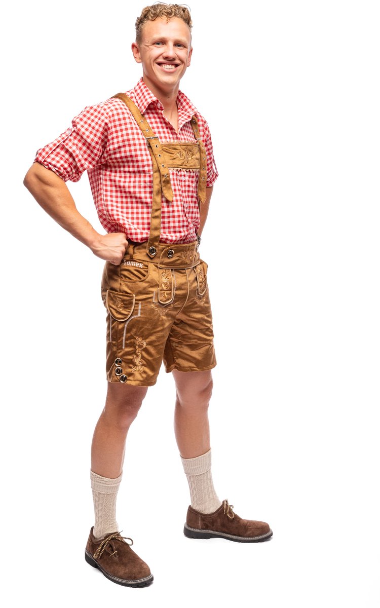 Samex® - Lederhosen Man + Blouse - Compleet Oktoberfest Kostuum Heren - Korte Lederhose - Verkleedkleren mannen - Carnavalskleding - Bruin/Rood - Maat XL