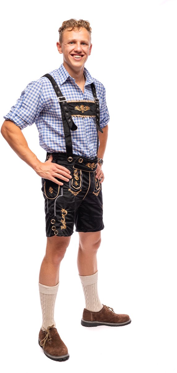 Samex® - Lederhosen Man + Blouse - Compleet Oktoberfest Kostuum Heren - Korte Lederhose - Verkleedkleren mannen - Carnavalskleding - Zwart/Blauw - Maat S