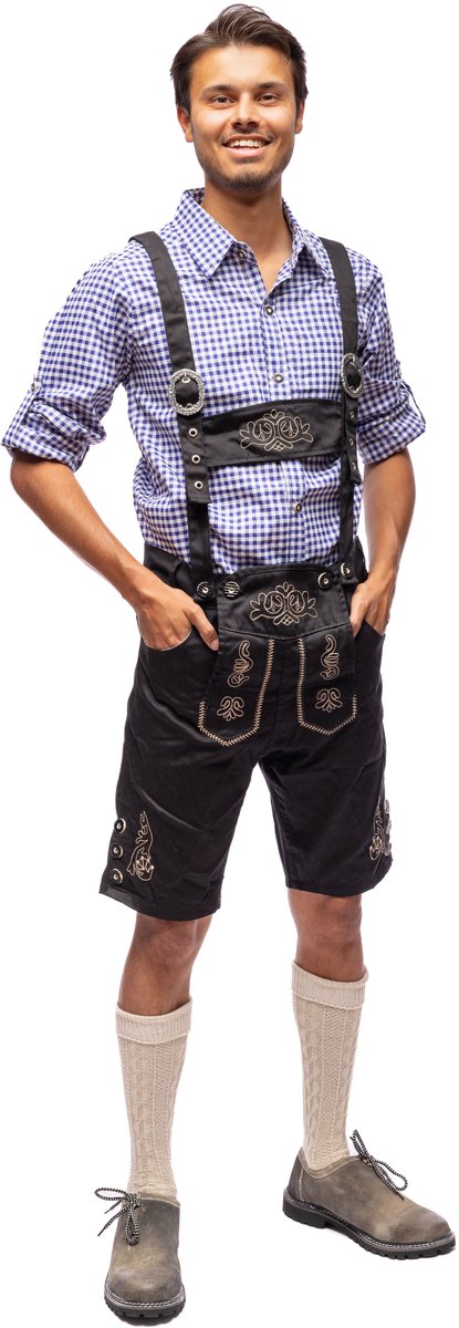 Samex® Compleet Lederhose Kostuum - Inclusief Blauw Overhemd - Lederhosen man - Oktoberfest Heren - Carnavalskleding - Verkleedkleren mannen - Zwart - Maat XXL
