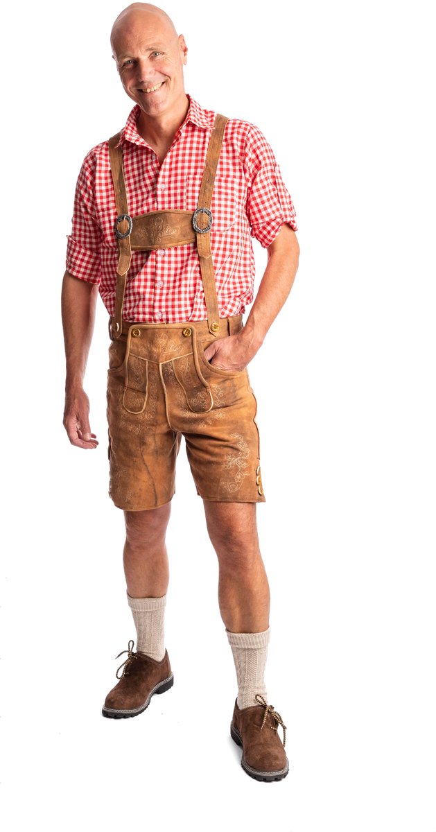 Samex® Lederhosen Man - Oktoberfest Kostuum Heren - Korte Lederhose - Geitenleer - Verkleedkleren mannen - Carnavalskleding - Beige - Maat 50 (M/L)