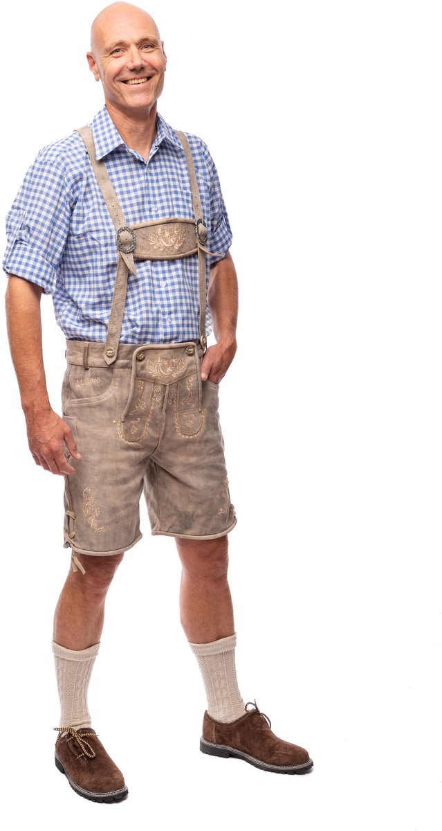 Samex® Lederhosen Man - Oktoberfest Kostuum Heren - Korte Lederhose - Wildleder - Verkleedkleren mannen - Carnavalskleding - Grijs - Maat 52 (L)
