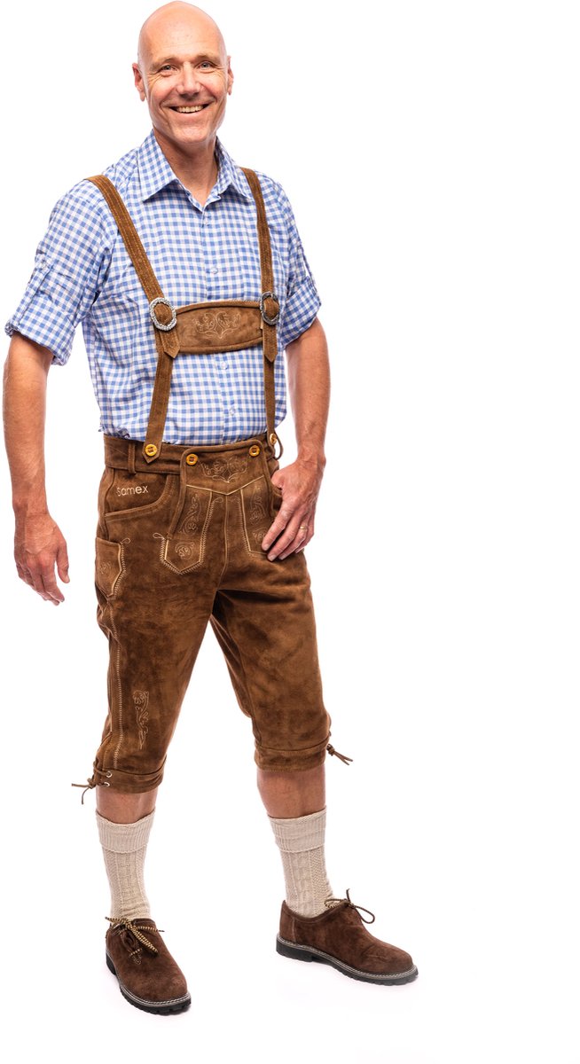 Samex® Lederhosen Man - Oktoberfest Kostuum Heren - Lange Lederhose - Koeienleer - Verkleedkleren mannen - Carnavalskleding - Lichtbruin - Maat 56 (XL/XXL)