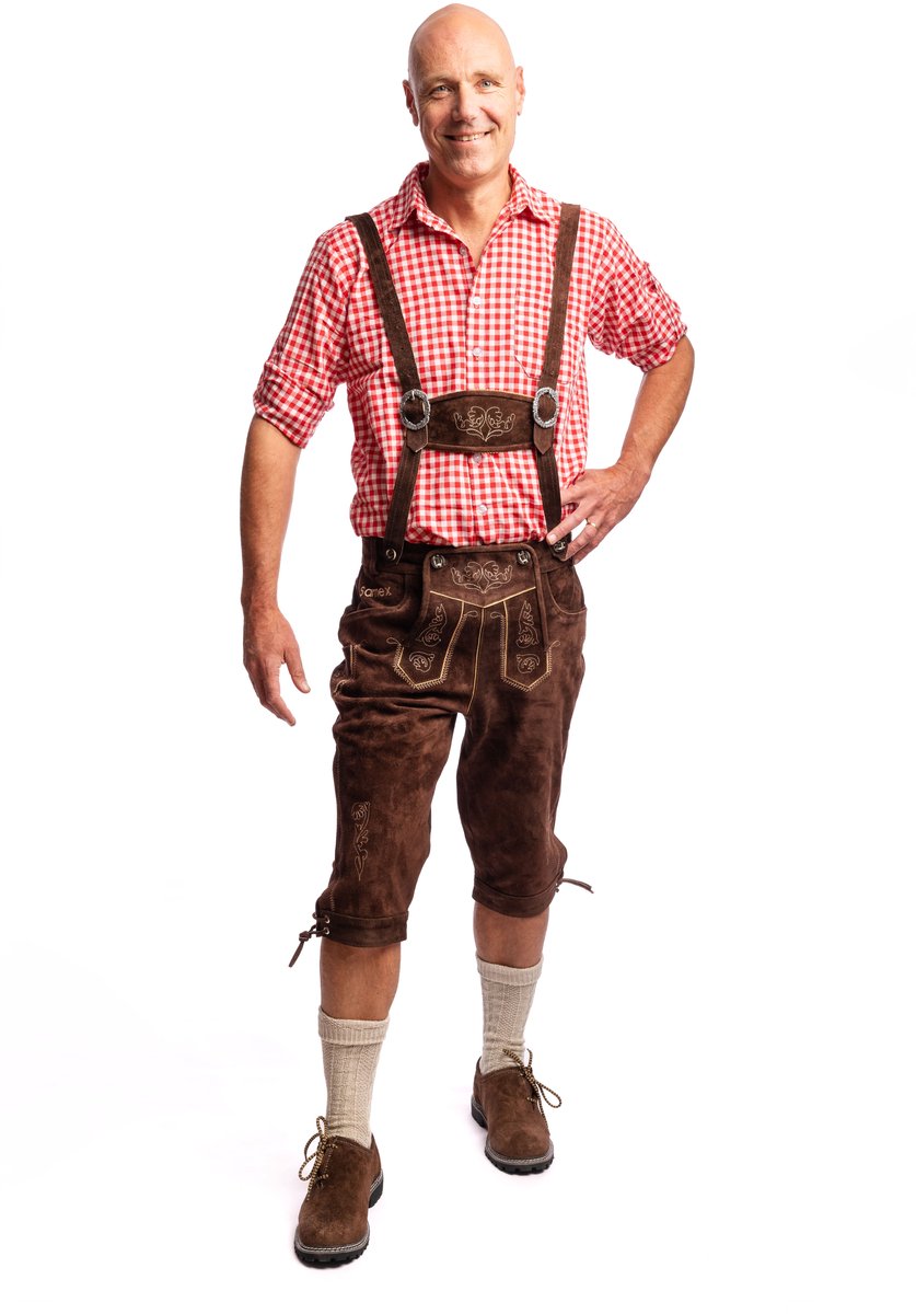 Samex® Lederhosen Man - Oktoberfest Kostuum Heren - Lange Lederhose - Koeienleer - Verkleedkleren mannen - Carnavalskleding - Middelbruin - Maat 46 (S)