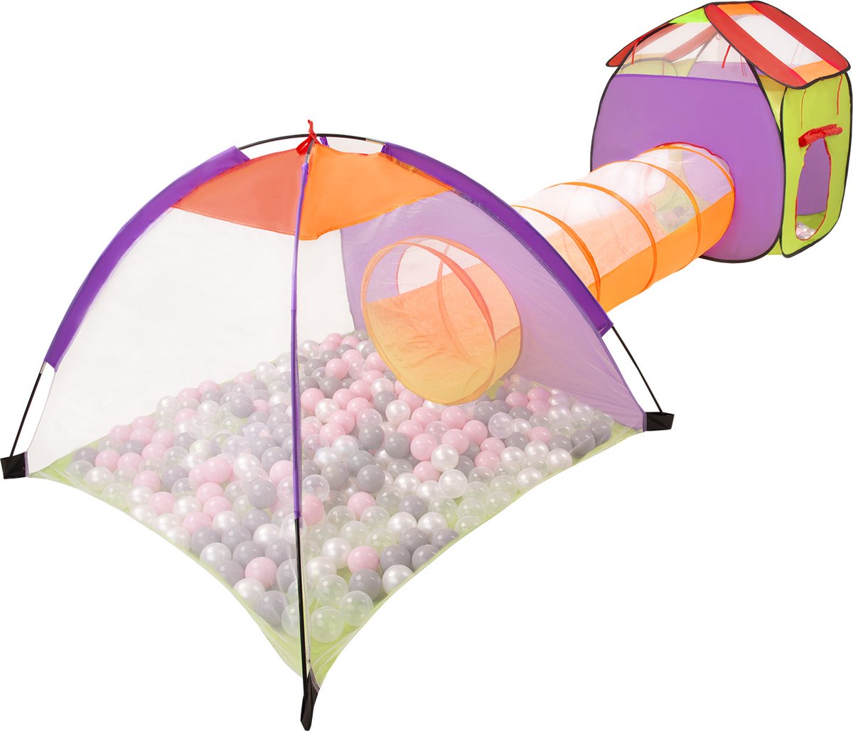 Selonis 3in1 speeltent met tunnel speeltuin popup ballenbad met 100 ballen voor kinderen, veelkleurig:parelmoer/grijs/transparant/poederroze