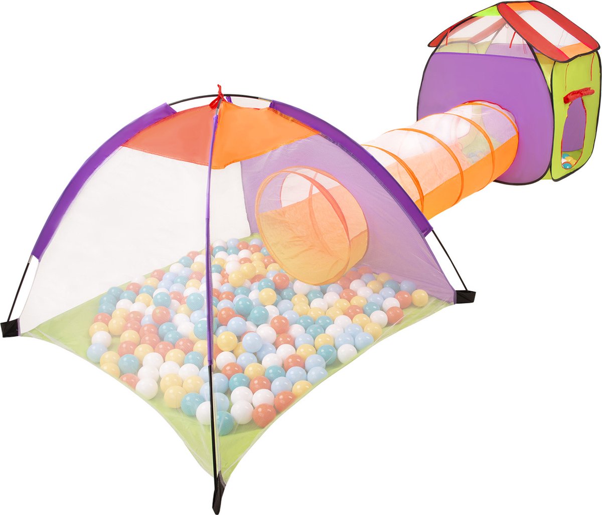 Selonis 3in1 speeltent met tunnel speeltuin popup ballenbad met 200 ballen voor kinderen, veelkleurig:wit/geel/oranje/babyblauw/turquoise