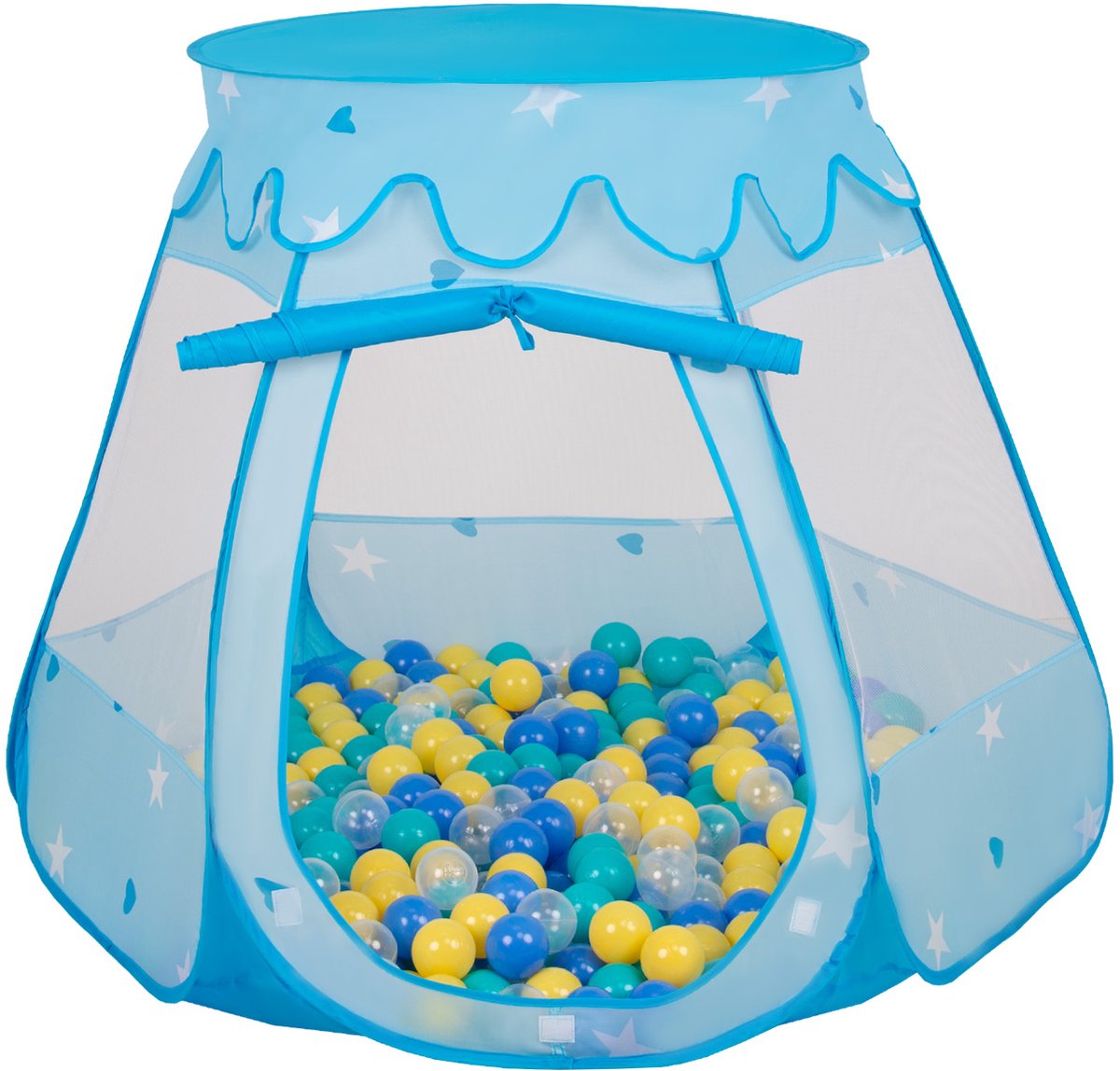 Selonis Jongens en Meisjes Kasteeltent voor Kinderen met 100 ballen - Snel Opvouwbaar met Afneembaar Dak en Ademend Gaas - Buitenspeelgoed en Binnenhuis Plezier met Opbergtas - blauw:turquoise-blauw-geel-transparant