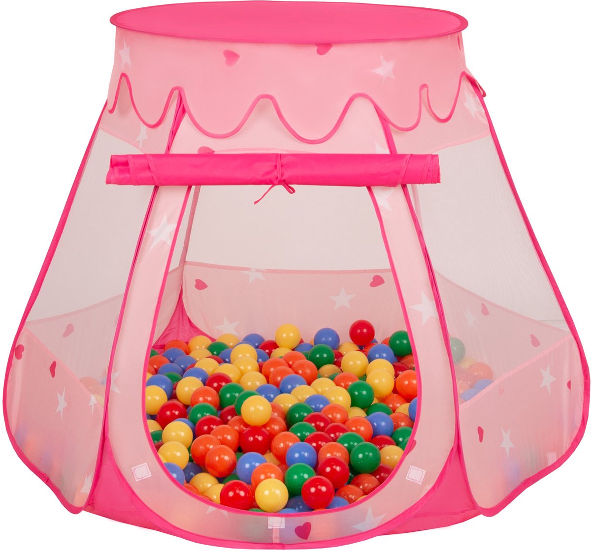 Selonis Jongens en Meisjes Kasteeltent voor Kinderen met 100 ballen - Snel Opvouwbaar met Afneembaar Dak en Ademend Gaas - Buitenspeelgoed en Binnenhuis Plezier met Opbergtas - roze:geel-groen-blauw-rood-oranje