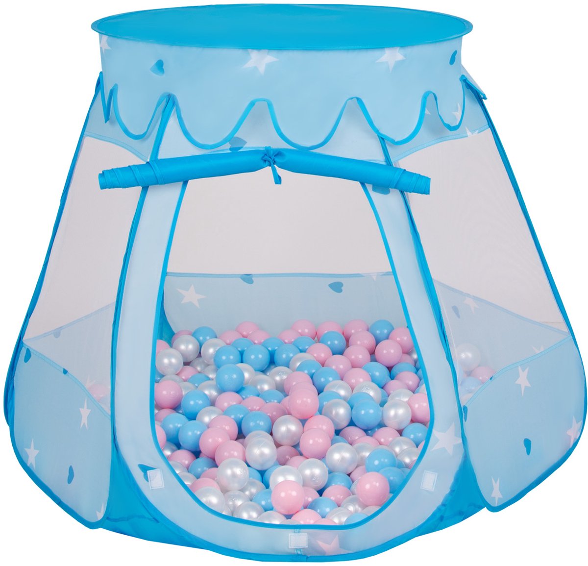 Selonis Jongens en Meisjes Kasteeltent voor Kinderen met 200 ballen - Snel Opvouwbaar met Afneembaar Dak en Ademend Gaas - Buitenspeelgoed en Binnenhuis Plezier met Opbergtas - blauw:babyblauw-paarsroze-parelmoer