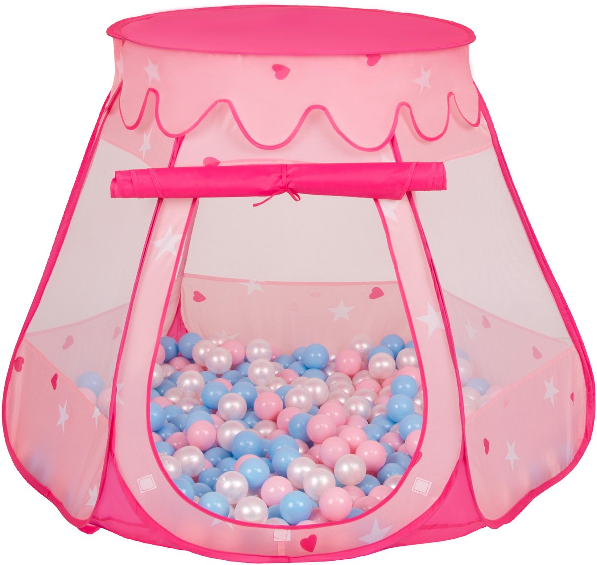 Selonis Jongens en Meisjes Kasteeltent voor Kinderen met 200 ballen - Snel Opvouwbaar met Afneembaar Dak en Ademend Gaas - Buitenspeelgoed en Binnenhuis Plezier met Opbergtas - roze:babyblauw-poederroze-parelmoer