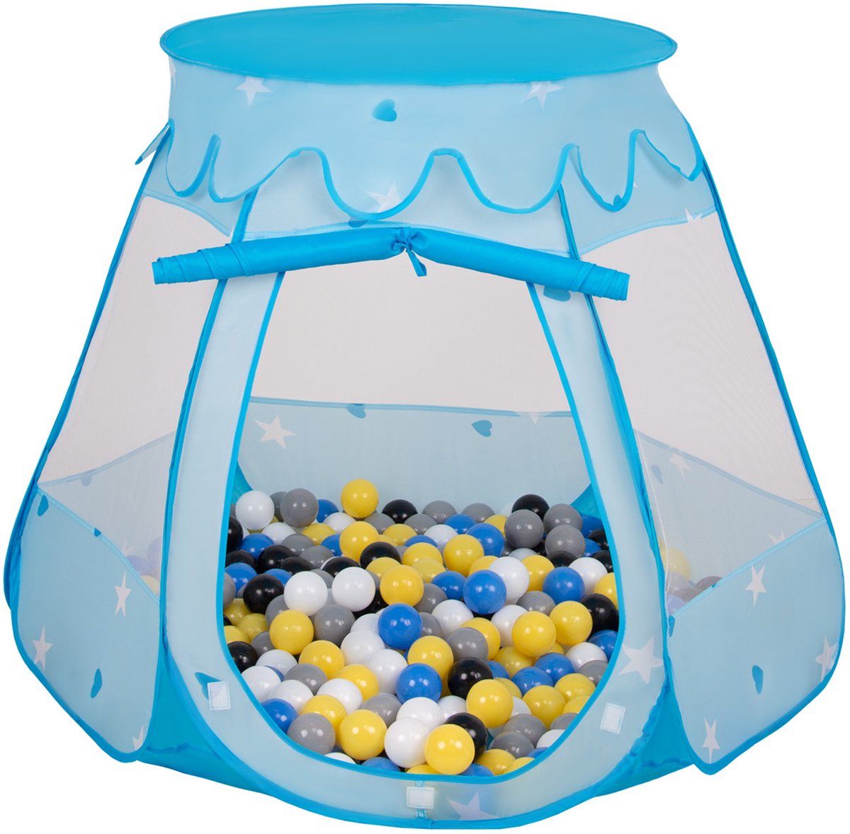 Selonis Jongens en Meisjes Kasteeltent voor Kinderen meta 300 ballen - Snel Opvouwbaar met Afneembaar Dak en Ademend Gaas - Buitenspeelgoed en Binnenhuis Plezier met Opbergtas - blauw:zwart-wit-grijs-blauw-geel