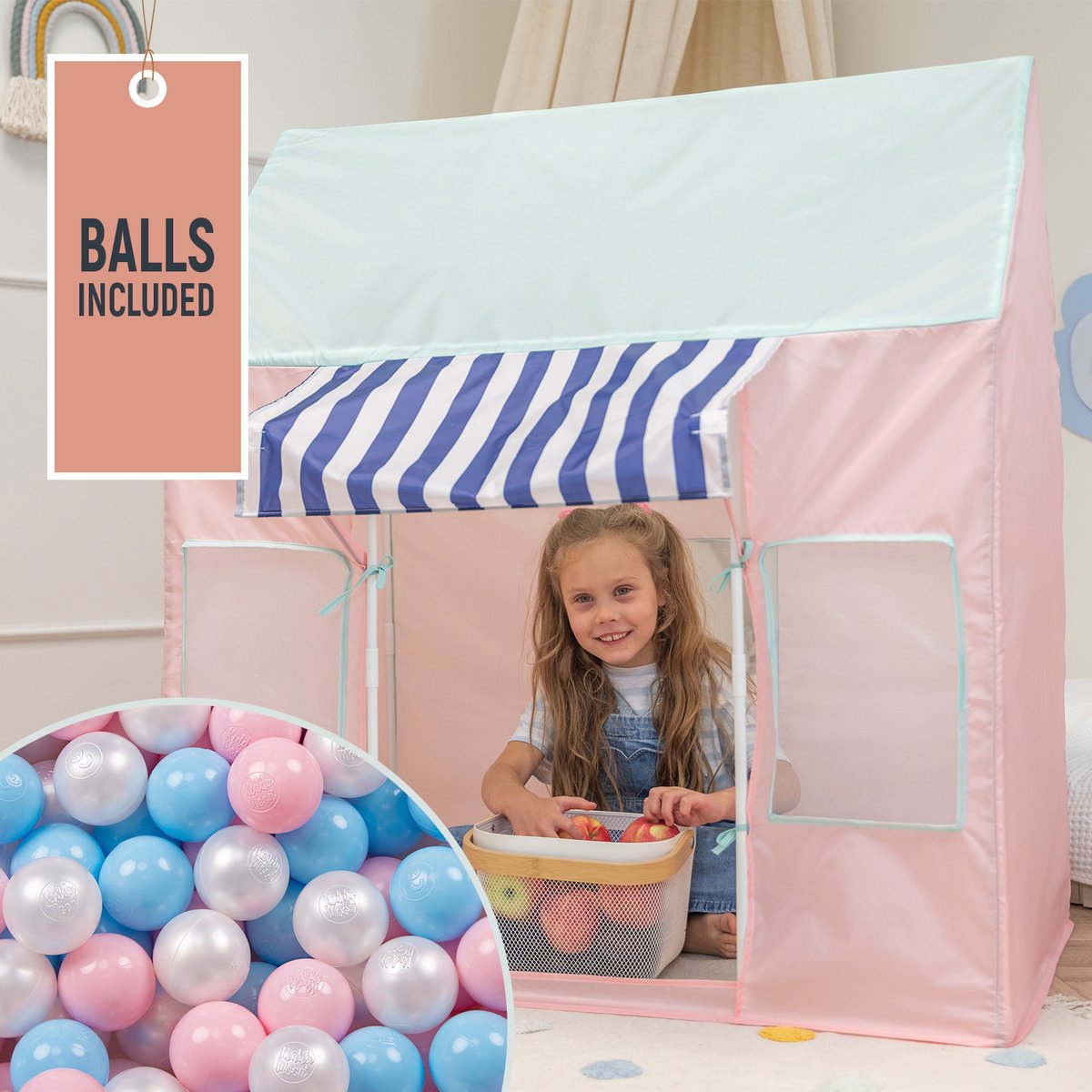 Selonis Kindertent Speelhuisje Met 100 Ballen Opvouwbaar IJssalon Voor Kinderen   Gemakkelijk Op Tezetten Stimuleert Verbeelding En Creativiteit Ideaal Voor Binnen En Buiten, Roze-Mint:Babyblauw/Poederroze/Parelmoer