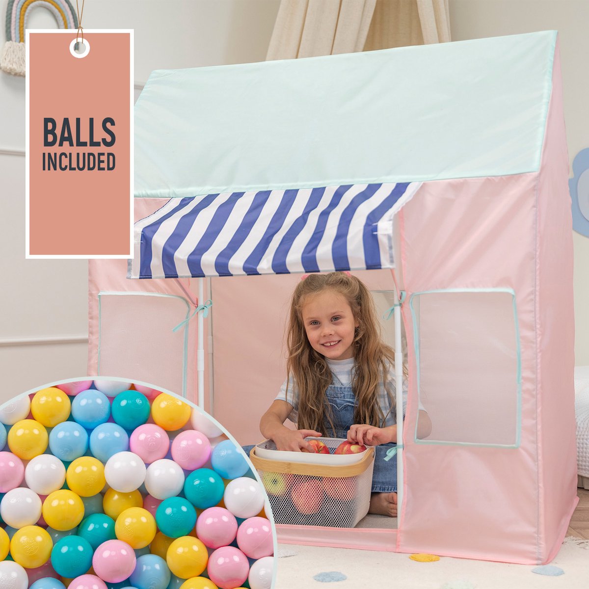 Selonis Kindertent Speelhuisje Met 300 Ballen Opvouwbaar IJssalon Voor Kinderen   Gemakkelijk Op Tezetten Stimuleert Verbeelding En Creativiteit Ideaal Voor Binnen En Buiten, Roze-Mint:Wit/Geel/Babyblauw/Poederroze/Turquoise