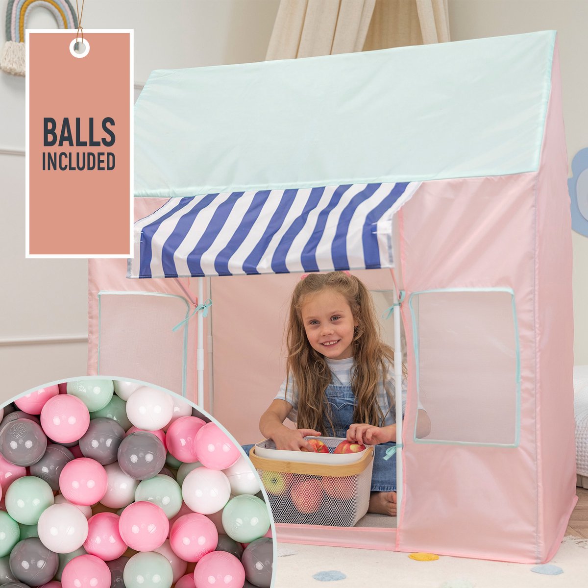 Selonis Kindertent Speelhuisje Met 300 Ballen Opvouwbaar IJssalon Voor Kinderen Speeltent Gemakkelijk Op te zetten Stimuleert Verbeeldingskracht En Creativiteit Ideaal Voor Binnen En Buiten, Roze-Mint:Wit/Grijs/Mint/Poederroze