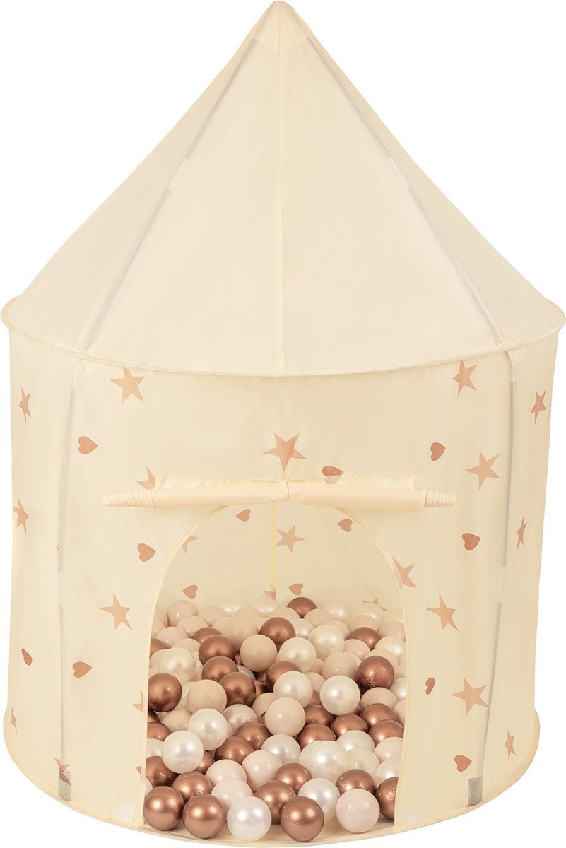 Selonis Kindertent  en 100X130cm/100 Ballen In Paviljoenvorm Voor Kinderen Makkelijk In Te Maken Draagbaar Speelhuisje Voor Binnen En Buiten, Licht Beige: Pastel Beige/Koperrood/Parelmoer