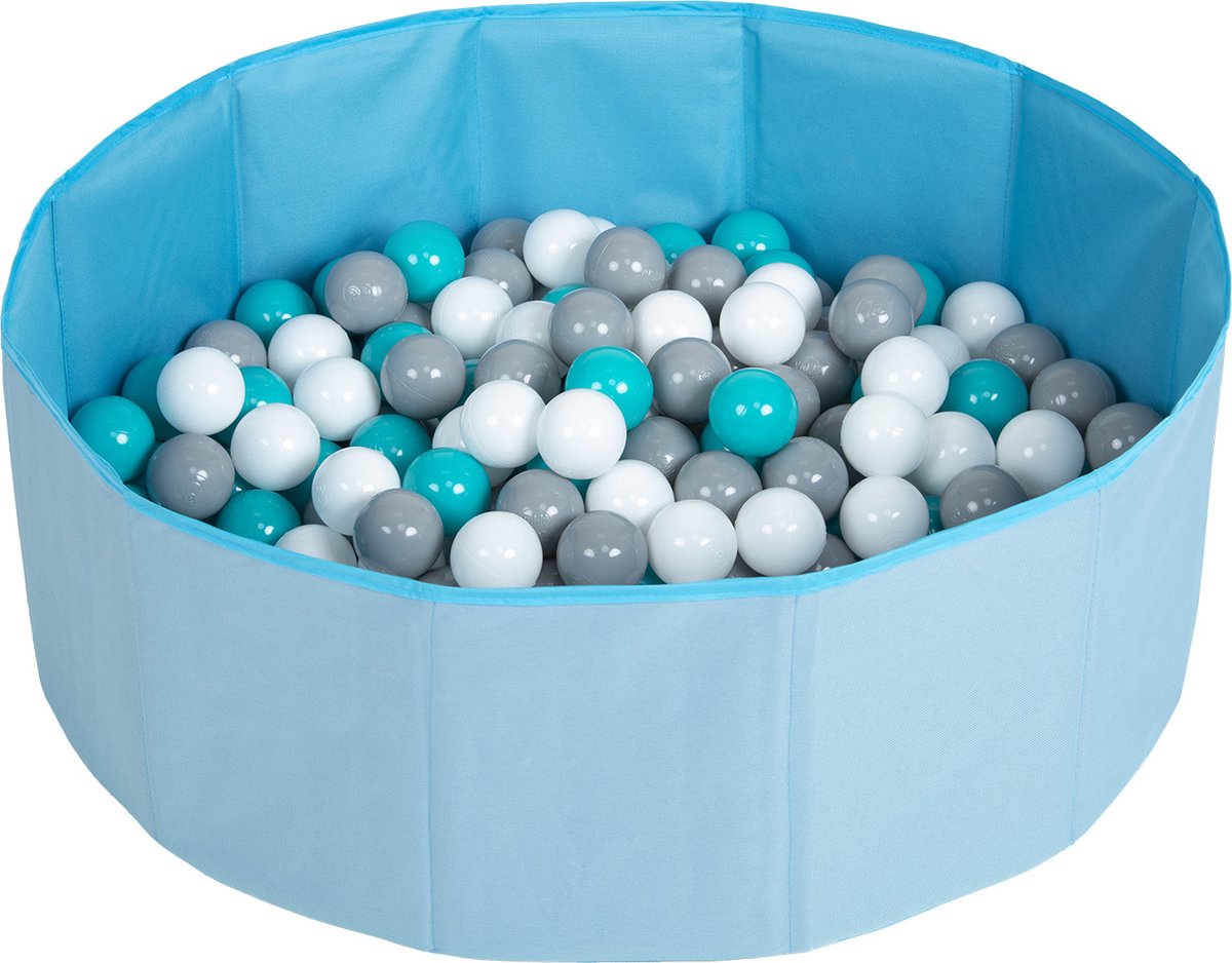 Selonis Opvouwbaar ballenbad voor kinderen met 200 plastic ballen ∅6cm - 80x23cm Ballenbad baby - Speelbad - Ballenbak kinderen rond - Kunststof ballen - Blauw: Wit Grijs Turkoois