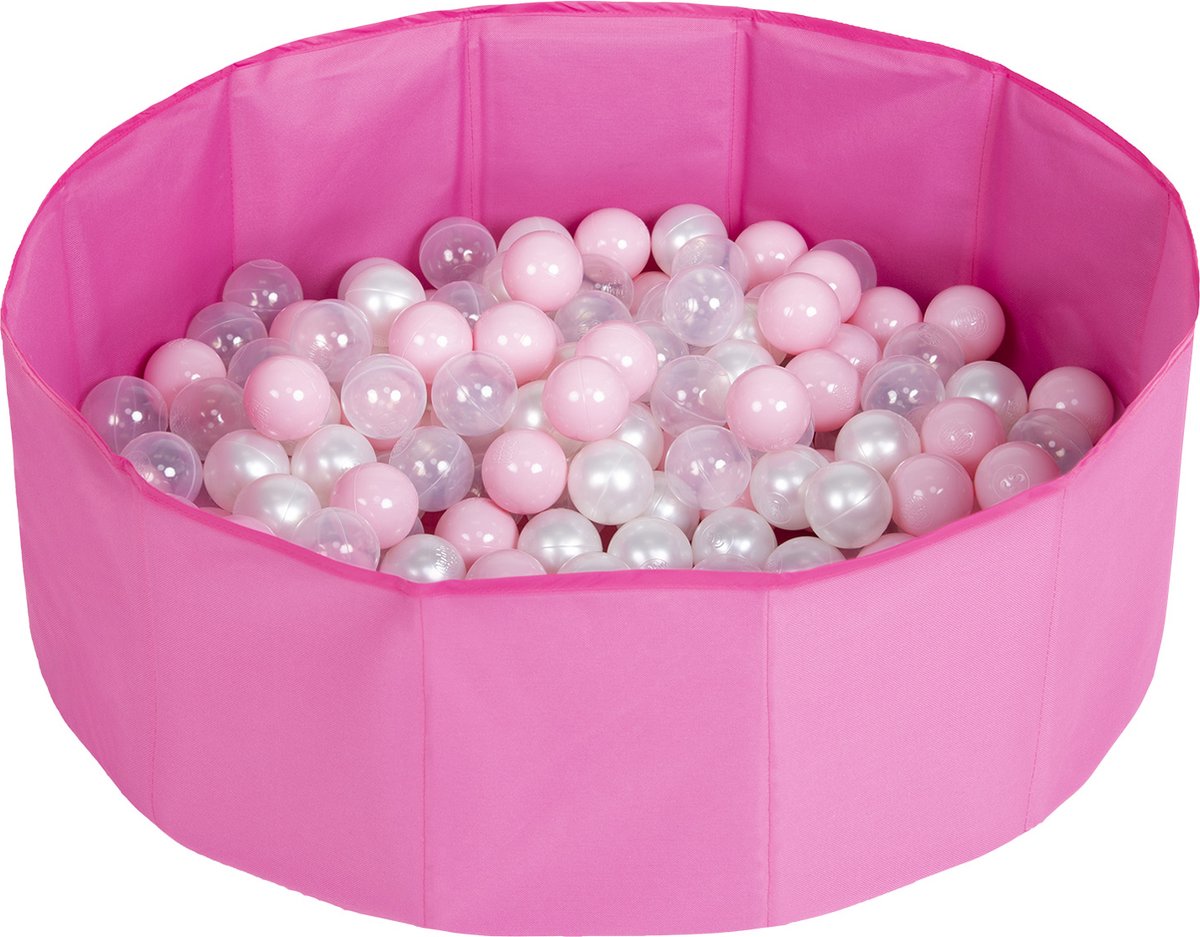 Selonis Opvouwbaar ballenbad voor kinderen met 200 plastic ballen ∅6cm - 80x23cm Ballenbad baby - Speelbad - Ballenbak kinderen rond - Kunststof ballen - Roze: Poederroze Parel Transparant